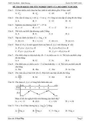 Đề tham khảo thi Tốt nghiệp THPT môn Toán năm 2020 - Lê Hành Pháp