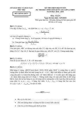 Đề thi chọn đội tuyển dự thi học sinh giỏi Quốc gia môn Toán Lớp 12 THPT - Năm học 2018-2019 - Sở giáo dục và đào tạo Phú Thọ (Có đáp án)