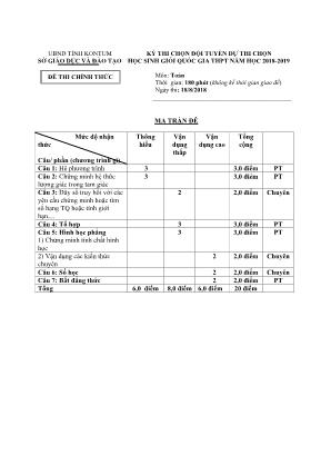 Đề thi chọn đội tuyển dự thi học sinh giỏi Quốc gia môn Toán THPT - Năm học 2018-2019 - Sở giáo dục và đào tạo Kon Tum (Có đáp án)