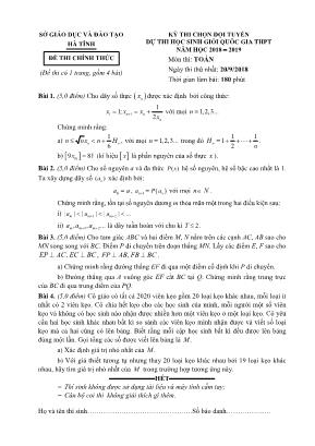 Đề thi chọn đội tuyển dự thi học sinh giỏi Quốc gia môn Toán THPT - Năm học 2018-2019 - Sở giáo dục và đào tạo Hà Tĩnh (Có đáp án)