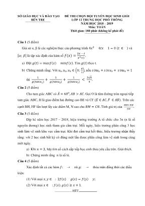 Đề thi chọn đội tuyển học sinh giỏi môn Toán THPT - Năm học 2018-2019 - Sở giáo dục và đào tạo Bến Tre (Có đáp án)