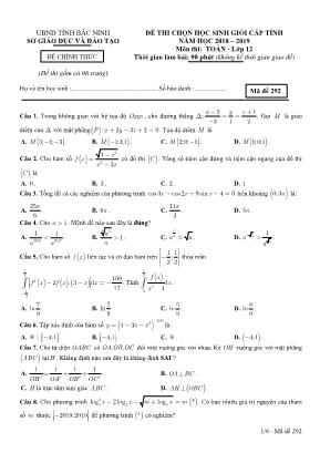 Đề thi chọn học sinh giỏi cấp tỉnh môn Toán Lớp 12 - Mã đề 292 - Năm học 2018-2019 - Sở giáo dục và đào tạo Bắc Ninh (Có đáp án)