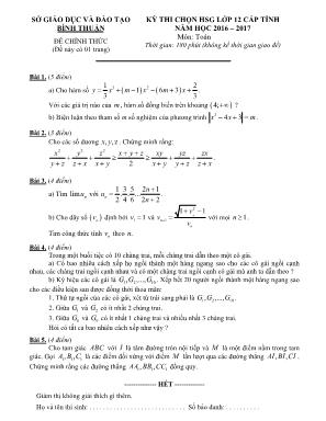 Đề thi chọn học sinh giỏi cấp tỉnh môn Toán Lớp 12 - Năm học 2016-2017 - Sở giáo dục và đào tạo Bình Thuận (Có đáp án)
