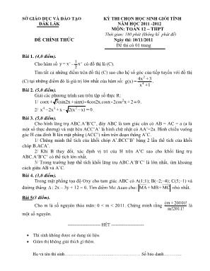 Đề thi chọn học sinh giỏi cấp tỉnh môn Toán Lớp 12 - Năm học 2011-2012 - Sở giáo dục và đào tạo Đăk Lăk (Có đáp án)