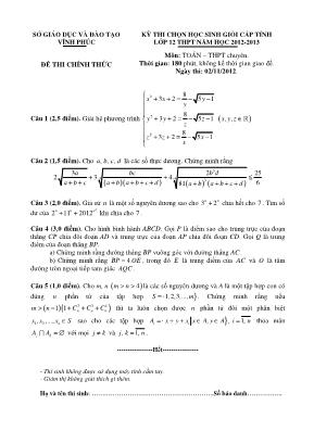 Đề thi chọn học sinh giỏi cấp tỉnh môn Toán Lớp 12 - Năm học 2012-2013 - Sở giáo dục và đào tạo Vĩnh Phúc (Có đáp án)