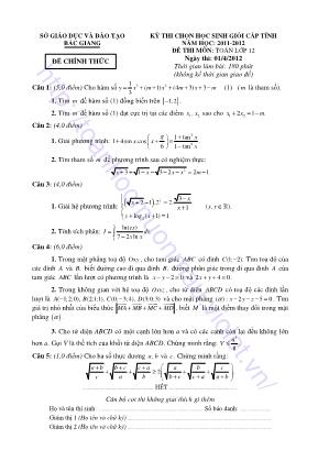 Đề thi chọn học sinh giỏi cấp tỉnh môn Toán Lớp 12 - Năm học 2011-2012 - Sở giáo dục và đào tạo Bắc Giang (Có đáp án)