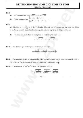 Đề thi chọn học sinh giỏi cấp tỉnh môn Toán Lớp 12 - Năm học 2012-2013 - Sở giáo dục và đào tạo Hà Tĩnh (Có đáp án)