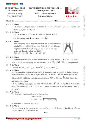 Đề thi chọn học sinh giỏi cấp tỉnh môn Toán Lớp 12 THPT - Năm học 2018-2019 - Sở giáo dục và đào tạo Lâm Đồng (Có đáp án)