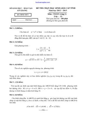 Đề thi chọn học sinh giỏi cấp tỉnh môn Toán Lớp 12 - Vòng 1 - Năm học 2012-2013 - Sở giáo dục và đào tạo An Giang (Có đáp án)