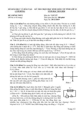 Đề thi chọn học sinh giỏi cấp tỉnh môn Vật lý Lớp 12 - Năm học 2019-2020 - Sở giáo dục và đào tạo Lâm Đồng