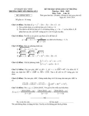 Đề thi chọn học sinh giỏi cấp trường môn Toán Lớp 10 - Năm học 2018-2019 - Trường THPT Yên Phong số 2 (Có đáp án)