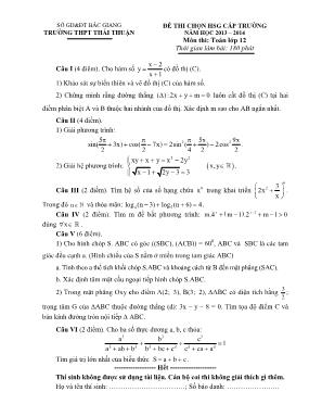Đề thi chọn học sinh giỏi cấp trường môn Toán Lớp 12 - Năm học 2013-2014 - Trường THPT Thái Thuận (Có đáp án)