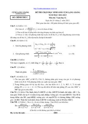Đề thi chọn học sinh giỏi cụm Lạng Giang môn Toán Lớp 12 - Năm học 2012-2013 - Cụm Lạng Giang (Có đáp án)