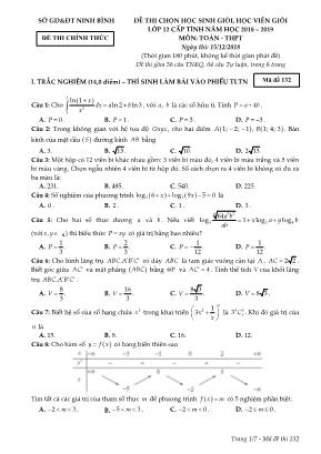 Đề thi chọn học sinh giỏi, học viên giỏi cấp tỉnh môn Toán Lớp 12 - Mã đề 132 - Năm học 2018-2019 - Sở giáo dục và đào tạo Ninh Bình