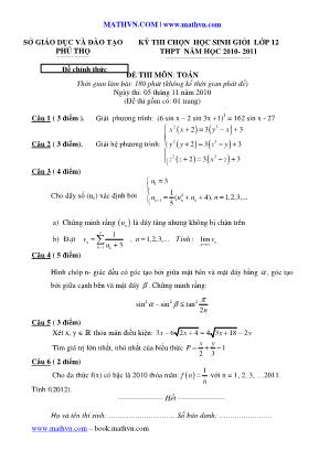 Đề thi chọn học sinh giỏi môn Toán Lớp 12 - Năm học 2010-2011 - Sở giáo dục và đào tạo Phú Thọ (Có đáp án)