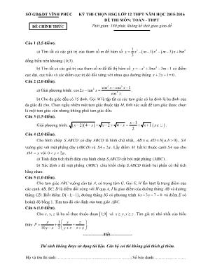 Đề thi chọn học sinh giỏi môn Toán Lớp 12 THPT - Năm học 2015-2016 - Sở giáo dục và đào tạo Vĩnh Phúc (Có đáp án)