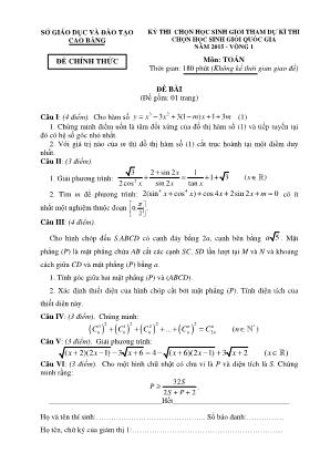 Đề thi chọn học sinh giỏi tham dự kì thi chọn học sinh giỏi Quốc gia môn Toán năm 2015 - Vòng 1 - Sở giáo dục và đào tạo Cao Bằng