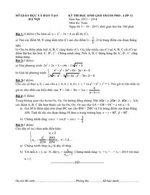 Đề thi chọn học sinh giỏi thành phố môn Toán Lớp 12 - Năm học 2013-2014 - Sở giáo dục và đào tạo Hà Nội (Có đáp án)