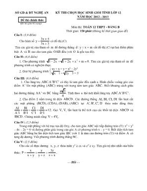 Đề thi chọn học sinh giỏi tỉnh môn Toán Lớp 12 - Bảng B - Năm học 2012-2013 - Sở giáo dục và đào tạo Nghệ An (Có đáp án)