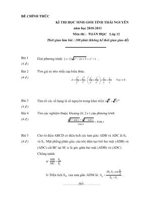 Đề thi chọn học sinh giỏi tỉnh môn Toán Lớp 12 - Năm học 2010-2011 - Sở giáo dục và đào tạo Thái Nguyên (Có đáp án)