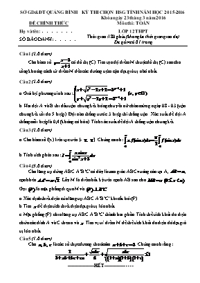 Đề thi chọn học sinh giỏi tỉnh môn Toán Lớp 12 - Năm học 2015-2016 - Sở giáo dục và đào tạo Quảng Bình (Có đáp án)