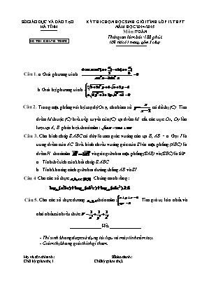 Đề thi chọn học sinh giỏi tỉnh môn Toán Lớp 12 THPT - Năm học 2014-2015 - Sở giáo dục và đào tạo Hà Tĩnh (Có đáp án)