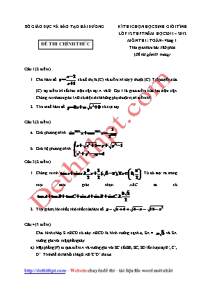 Đề thi chọn học sinh giỏi tỉnh môn Toán Lớp 12 THPT - Vòng 1 - Năm học 2011-2012 - Sở giáo dục và đào tạo Hải Dương (Có đáp án)