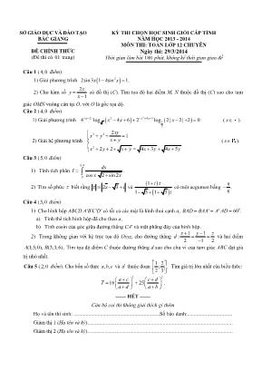 Đề thi chọn học sinh giỏi văn hóa cấp tỉnh môn Toán Lớp 12 (Chuyên) - Năm học 2013-2014 - Sở giáo dục và đào tạo Bắc Giang (Có đáp án)