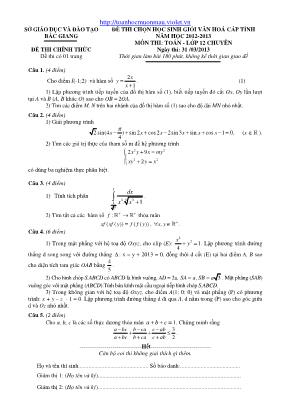 Đề thi chọn học sinh giỏi văn hóa cấp tỉnh môn Toán Lớp 12 (Chuyên) - Năm học 2012-2013 - Sở giáo dục và đào tạo Bắc Giang (Có đáp án)