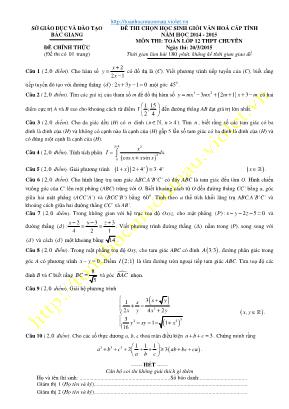 Đề thi chọn học sinh giỏi văn hóa cấp tỉnh môn Toán Lớp 12 (Chuyên) - Năm học 2014-2015 - Sở giáo dục và đào tạo Bắc Giang (Có đáp án)