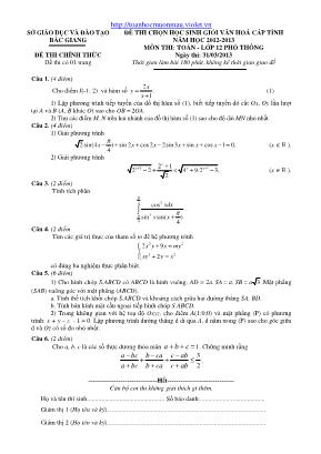 Đề thi chọn học sinh giỏi văn hóa cấp tỉnh môn Toán Lớp 12 (Phổ thông) - Năm học 2012-2013 - Sở giáo dục và đào tạo Bắc Giang (Có đáp án)