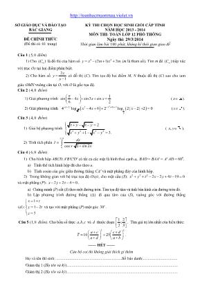 Đề thi chọn học sinh giỏi văn hóa cấp tỉnh môn Toán Lớp 12 (Phổ thông) - Năm học 2013-2014 - Sở giáo dục và đào tạo Bắc Giang (Có đáp án)