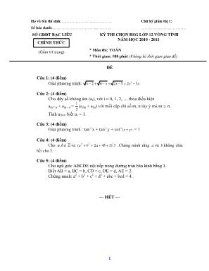 Đề thi chọn học sinh giỏi vòng tỉnh môn Toán Lớp 12 - Năm học 2010-2011 - Sở giáo dục và đào tạo Bạc Liêu (Có đáp án)