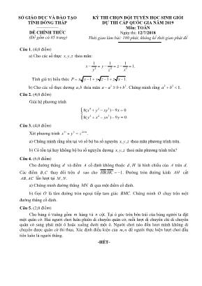 Đề thi đội tuyển học sinh giỏi dự thi cấp Quốc gia môn Toán năm 2019 - Sở giáo dục và đào tạo Đồng Tháp (Có đáp án)