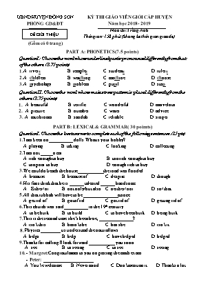 Đề thi giáo viên giỏi cấp huyện môn Tiếng Anh - Năm học 2018-2019 - Phòng giáo dục và đào tạo Đông Sơn