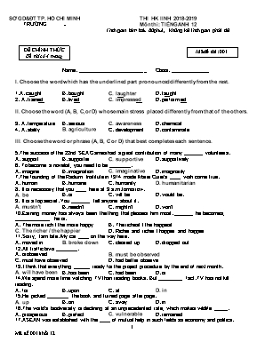 Đề thi học kỳ II môn Tiếng Anh Lớp 12 - Mã đề 001 - Năm học 2018-2019 - Sở giáo dục và đào tạo TP. Hồ Chí Minh