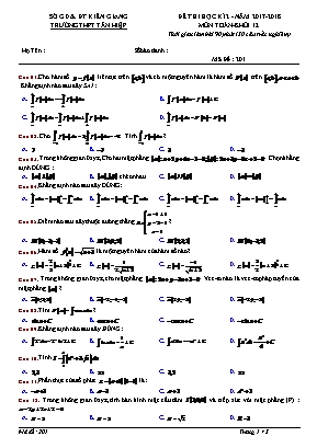 Đề thi học kỳ II môn Toán Lớp 12 - Mã đề 201 - Năm học 2017-2018 - Trường THPT Tân Hiệp (Có đáp án)