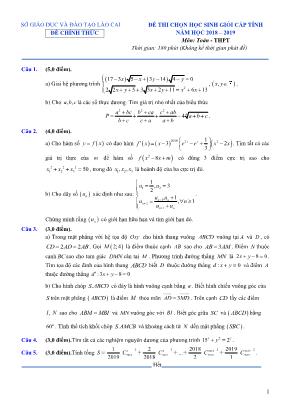 Đề thi học sinh giỏi cấp tỉnh môn Toán THPT - Năm học 2018-2019 - Sở giáo dục và đào tạo Lào Cai (Có đáp án)