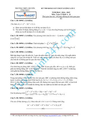 Đề thi khảo sát chất lượng lần 2 môn Toán - Năm học 2014-2015 - Trường THPT chuyên Vĩnh Phúc (Có đáp án)