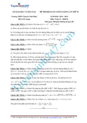 Đề thi khảo sát chất lượng lần thứ II môn Toán - Năm học 2014-2015 - Trường THPT chuyên Vĩnh Phúc (Có đáp án)