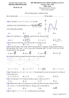 Đề thi khảo sát chất lượng môn Toán Lớp 12 lần 1 - Mã đề 120 - Năm học 2019-2020 - Trường THPT Đồng Đậu