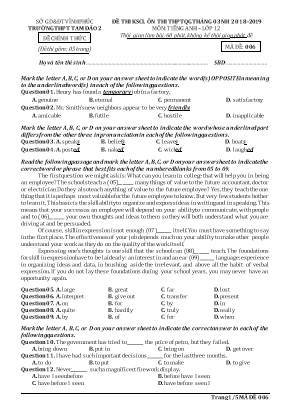 Đề thi khảo sát chất lượng ôn thi THPT Quốc gia tháng 3 môn Tiếng Anh Lớp 12 - Mã đề 006 - Năm học 2018-2019 - Trường THPT Tam Đảo 2