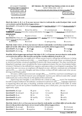 Đề thi khảo sát chất lượng ôn thi THPT Quốc gia tháng 3 môn Tiếng Anh Lớp 12 - Mã đề 010 - Năm học 2018-2019 - Trường THPT Tam Đảo 2