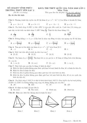 Đề thi khảo sát chất lượng thi THPT Quốc gia môn Toán lần 1 năm 2020 - Mã đề 101 - Trường THPT Yên Lạc 2 (Có đáp án)