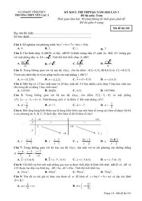 Đề thi khảo sát chất lượng thi THPT Quốc gia môn Toán lần 3 năm 2020 - Mã đề 101 - Trường THPT Yên Lạc 2 (Có đáp án)