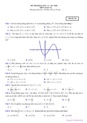 Đề thi khảo sát môn Toán Lớp 12 - Mã đề 143 - Năm học 2019-2020