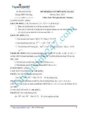 Đề thi khảo sát THPT Quốc gia môn Toán K12 - Năm học 2014-2015 - Trường THPT Yên Lãng (Có đáp án)