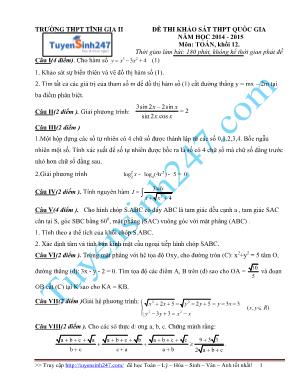 Đề thi khảo sát THPT Quốc gia môn Toán - Năm học 2014-2015 - Trường THPT Tĩnh Gia II (Có đáp án)