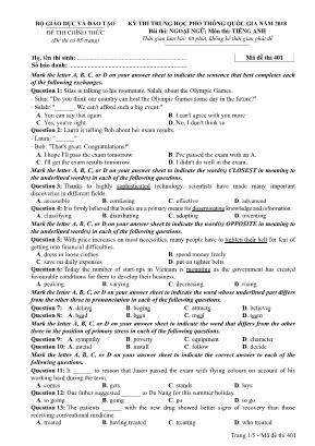 Đề thi THPT Quốc gia môn Tiếng Anh năm 2018 - Mã đề 401 - Bộ giáo dục và đào tạo
