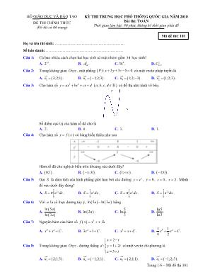 Đề thi THPT Quốc gia môn Toán năm 2018 - Mã đề 101 - Bộ giáo dục và đào tạo (Có đáp án)